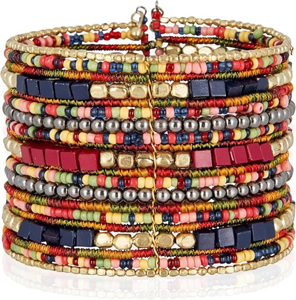 SPUNKYsoul Boho Beaded Wrap Cuff Bracelet Navy Red Gold 7 Inch